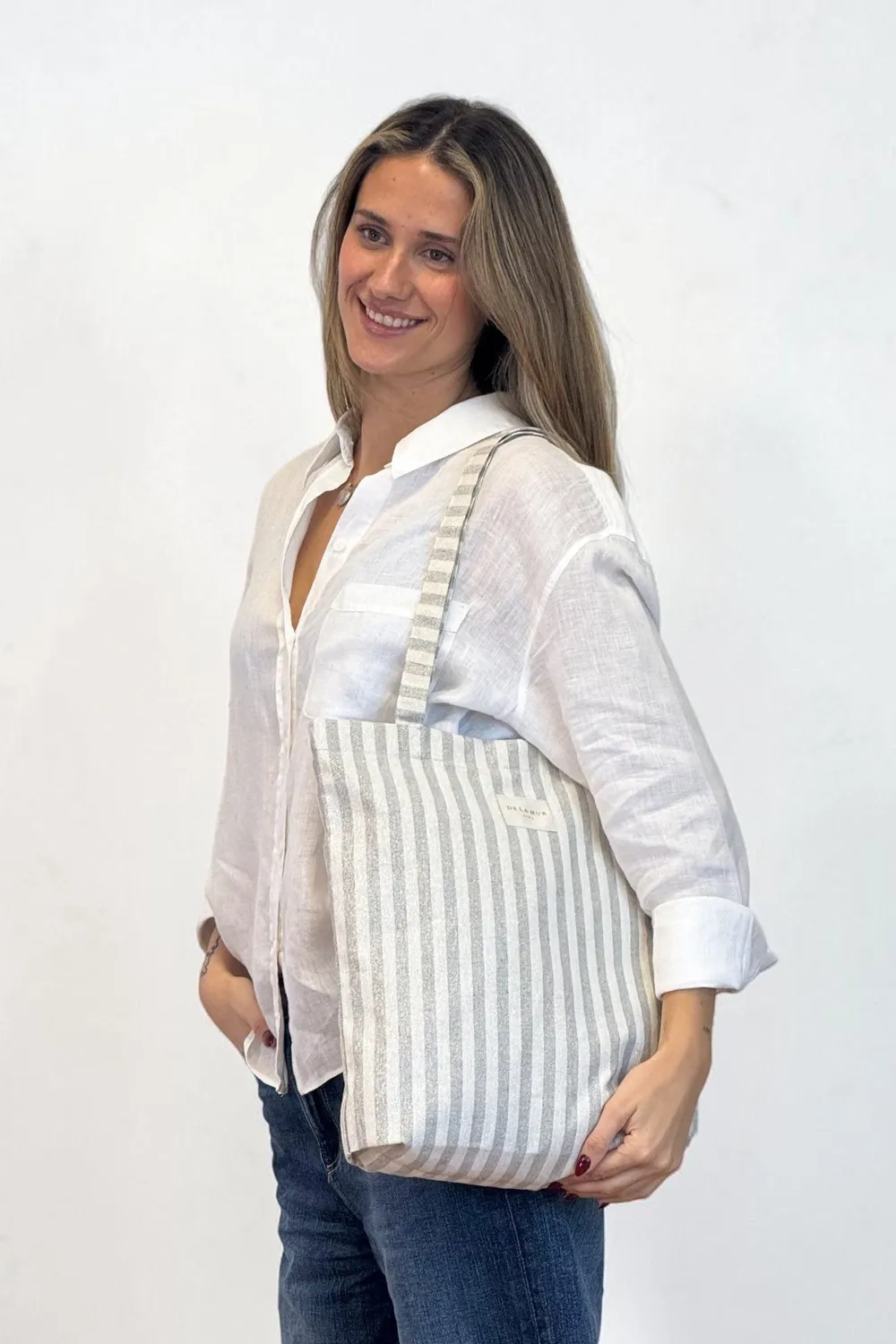 De La Mur Lugris totebag liten grå striper glidelås