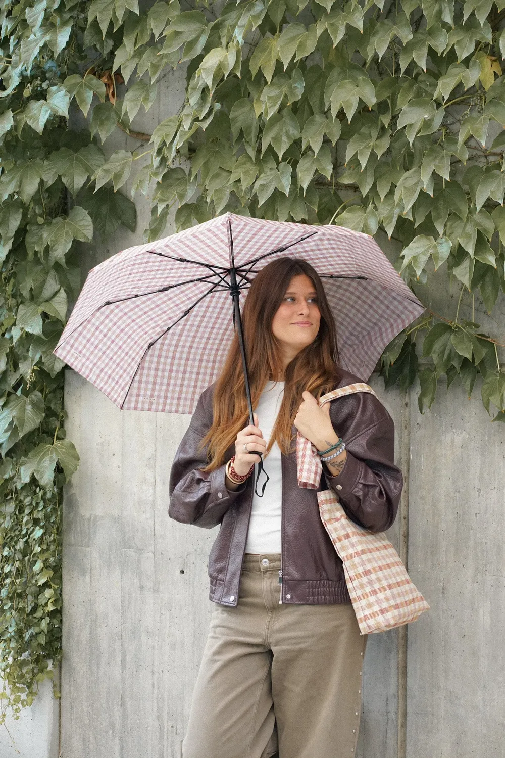 De La Mur Zia paraply sammenleggbar rutet beige