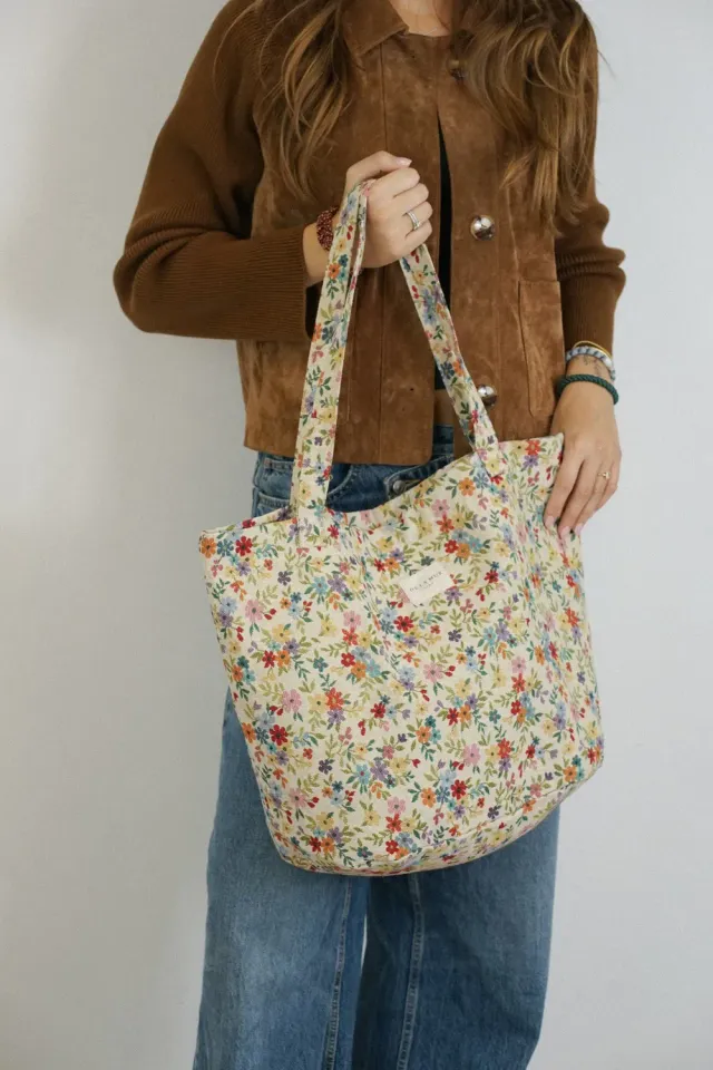 De La Mur Blum stor shopper beige blomst 51 cm