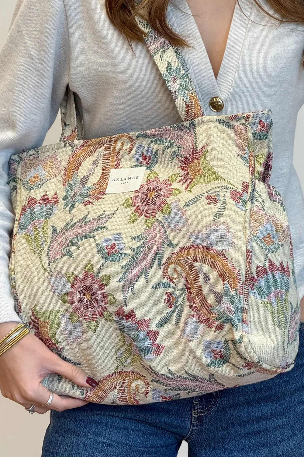 De La Mur Color Grande shopper blomstret beige 42 cm