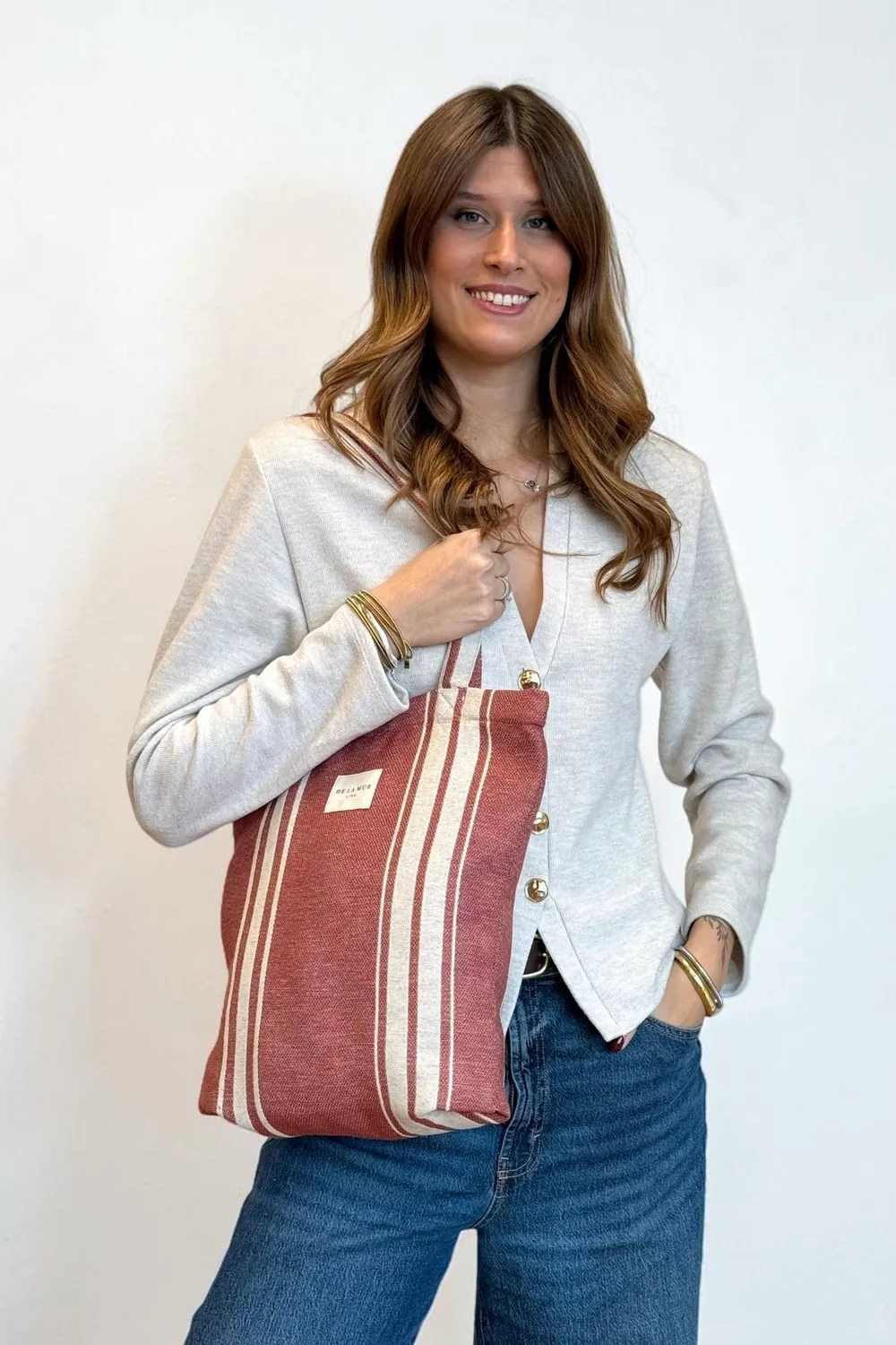 De La Mur Calido liten tote bag stripet terrakotta