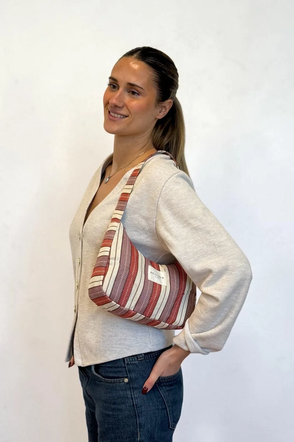 De La Mur Make skulderveske stripet lilla rød 29 cm