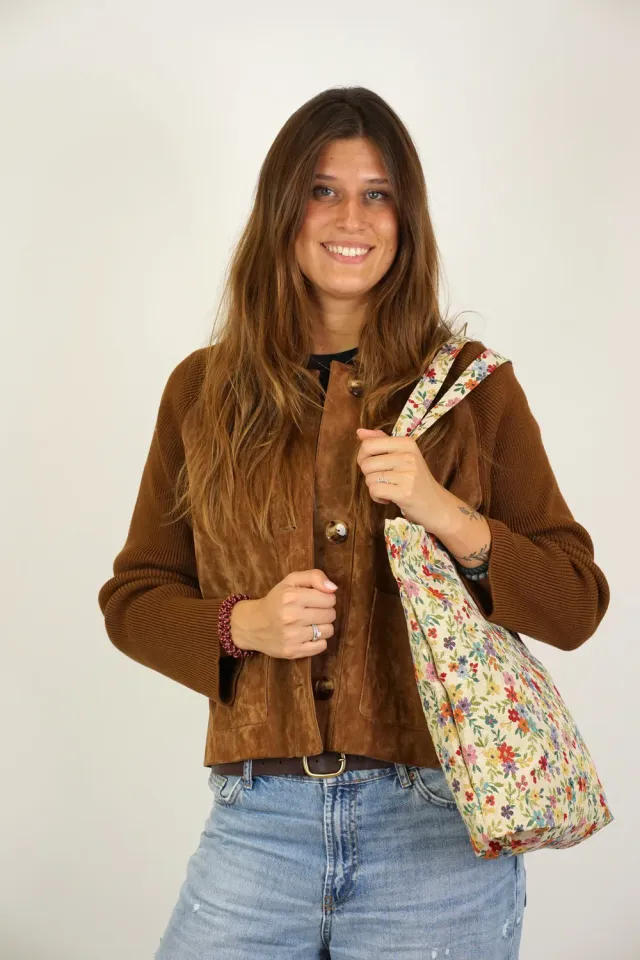 De La Mur Blum totebag beige blomstret med glidelås