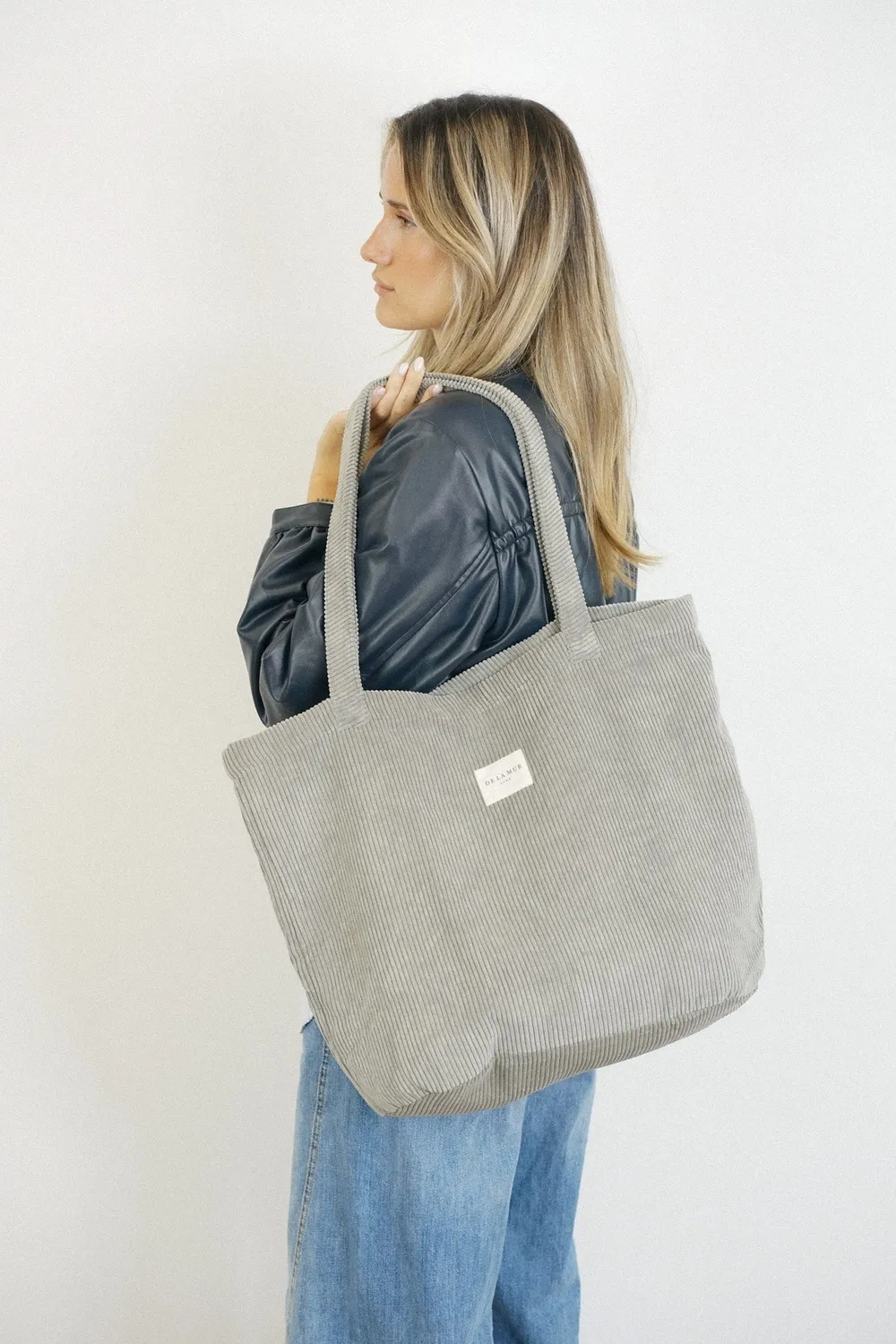 De La Mur Ash shopper stor grå kordfløyel glidelås