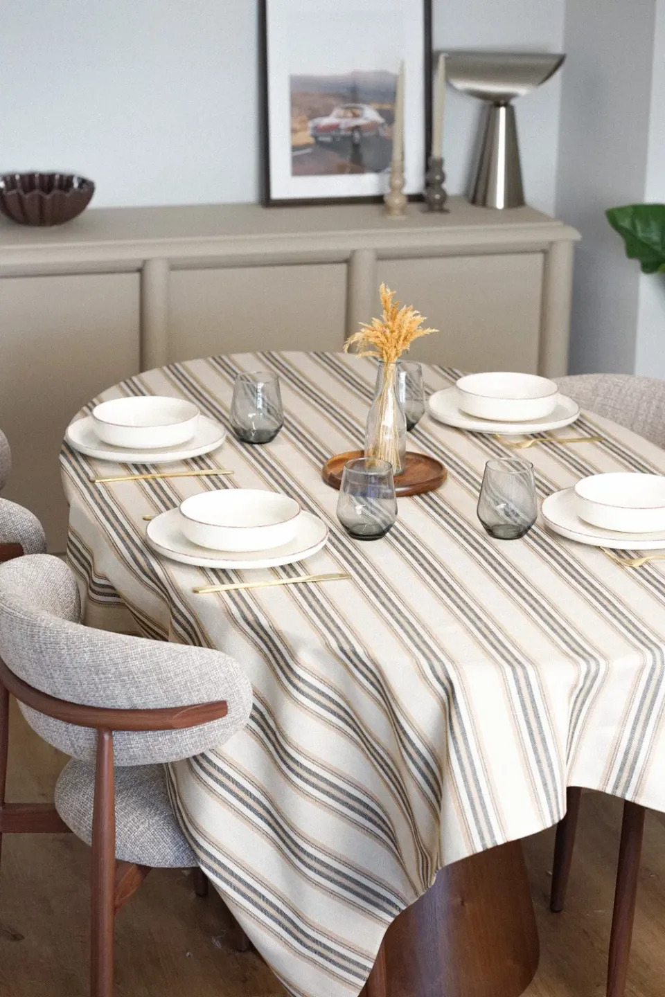 De La Mur Marco bordduk stripet beige 150x150 cm
