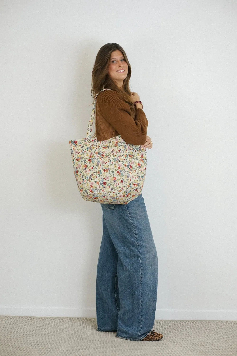 De La Mur Blum stor shopper beige blomst 51 cm
