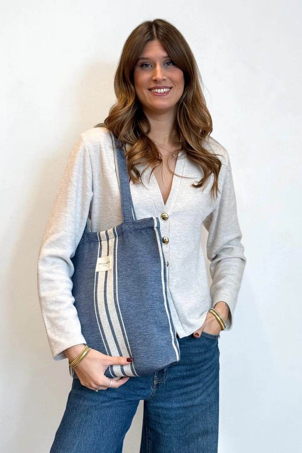 De La Mur Kara liten totebag blå stripet med glidelås