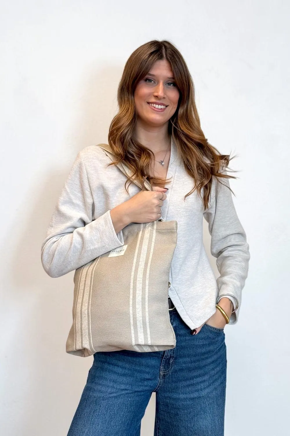 De La Mur Carre totebag beige stripet med glidelås