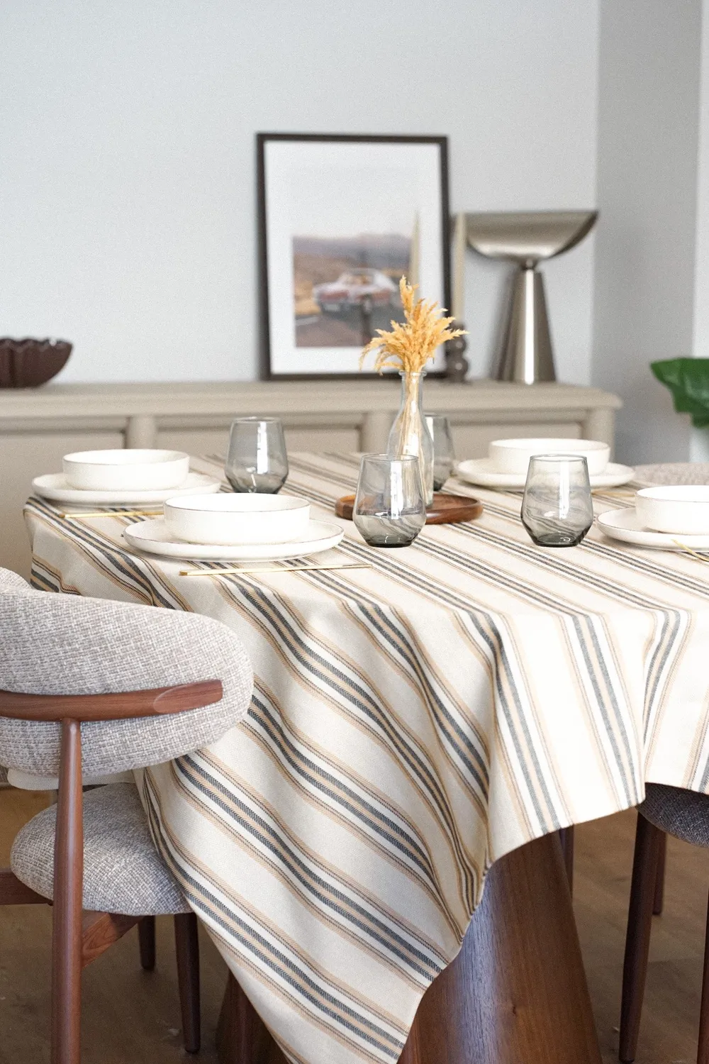 De La Mur Marco bordduk stripet beige 150x150 cm